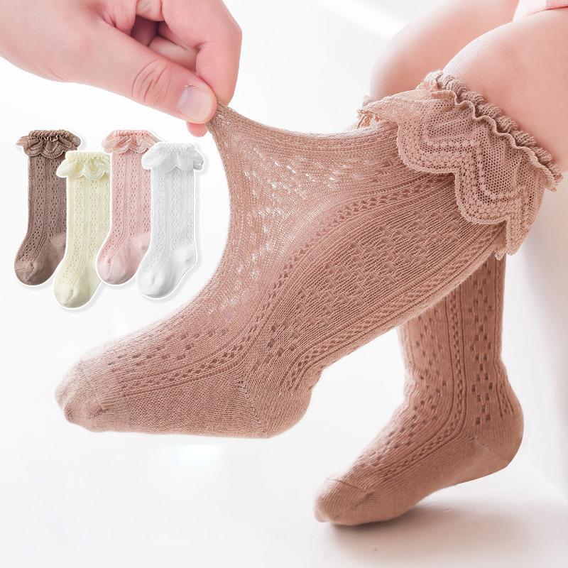 Принцесса Кружевные Носки с Рюшами Летние Ажурные Гольфы до Икры 0-3 года Детские Высокие Носки Тонкий Хлопок Однотонные Девочка Длинный Носок