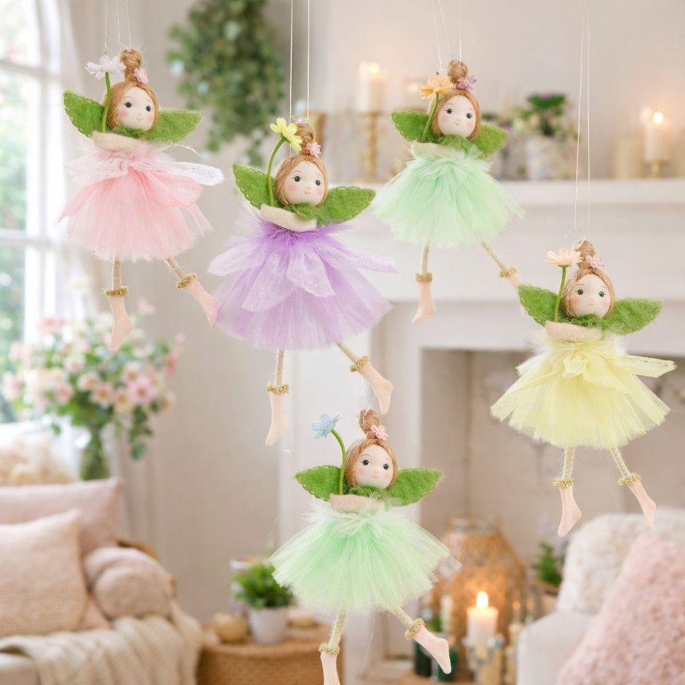Long Legs Flower Fairy Ornaments with Flower Mesh Skirt Girl Hanging Cute Handmade Easter Fairy Pendant Spring Easter