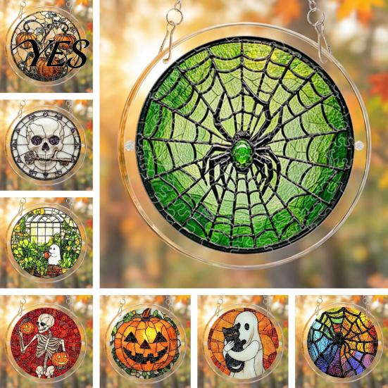 Transparent Stained Glass Halloween Acrylic Puzzle Decor, 2D Ghost Pumpkin Skeleton Hanging Sign, Faux Holiday Spooky Decorations for Party