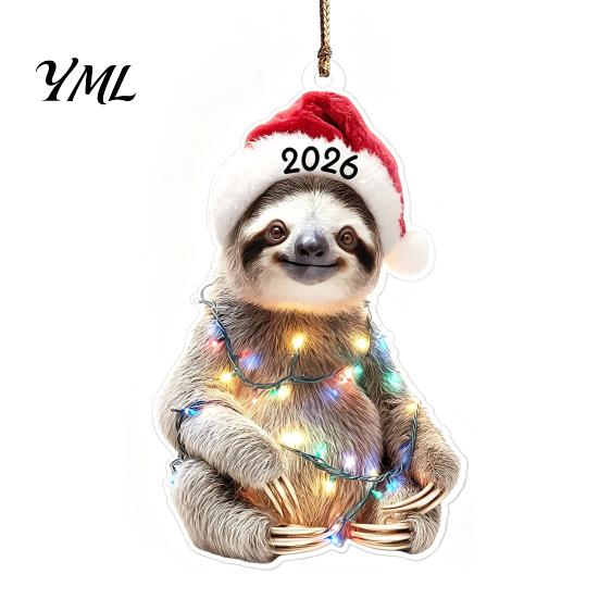 Decorative Animal Figurines for Home Christmas Hanging Ornaments with Lanyard, Cute Double Sided Pendant 2026 Themed Holiday Decorations Santa Hat, 2D