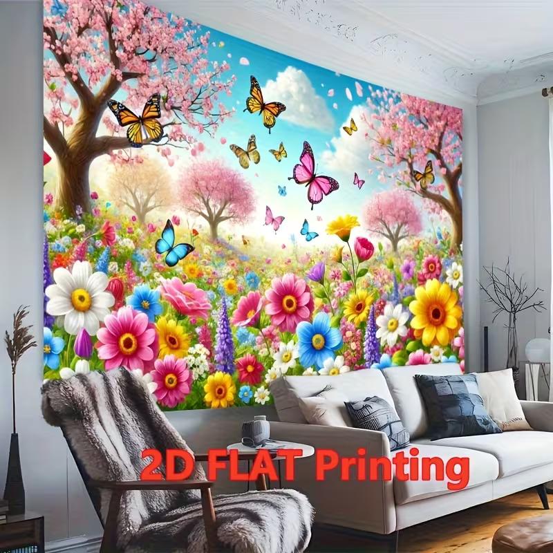 2D Enchanted Spring Cherry Blossom Tapestry, Colorful Flowers Garden with Butterflies Wall Decor
