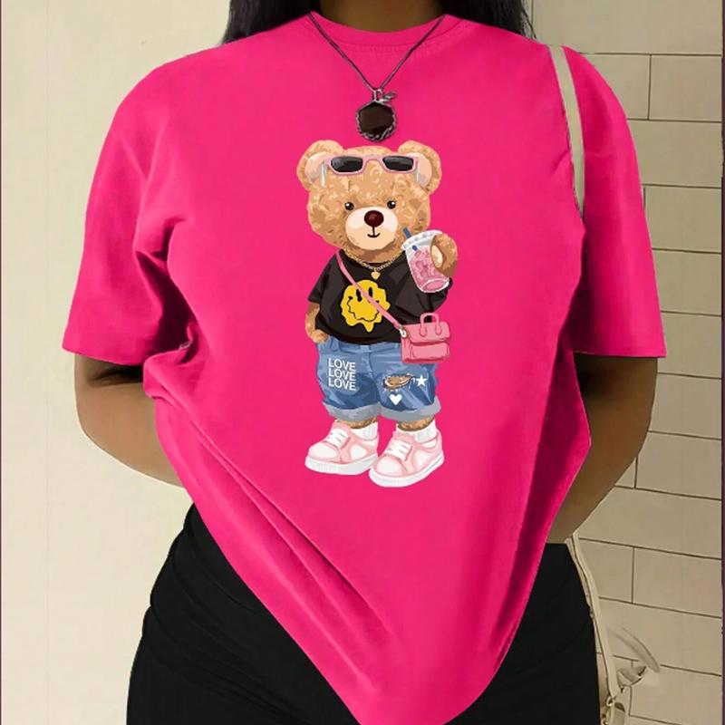Модная женская футболка с милым мультяшным плюшевым мишкой, забавная повседневная футболка с круглым вырезом и короткими рукавами, летняя женская футболка