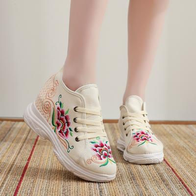 2025 новые туфли из ткани в этническом стиле, женские туфли из холста с вышивкой, толстая подошва, внутренняя высота увеличивается, универсальные, для путешествий, спорта, в старинном стиле, женские туфли