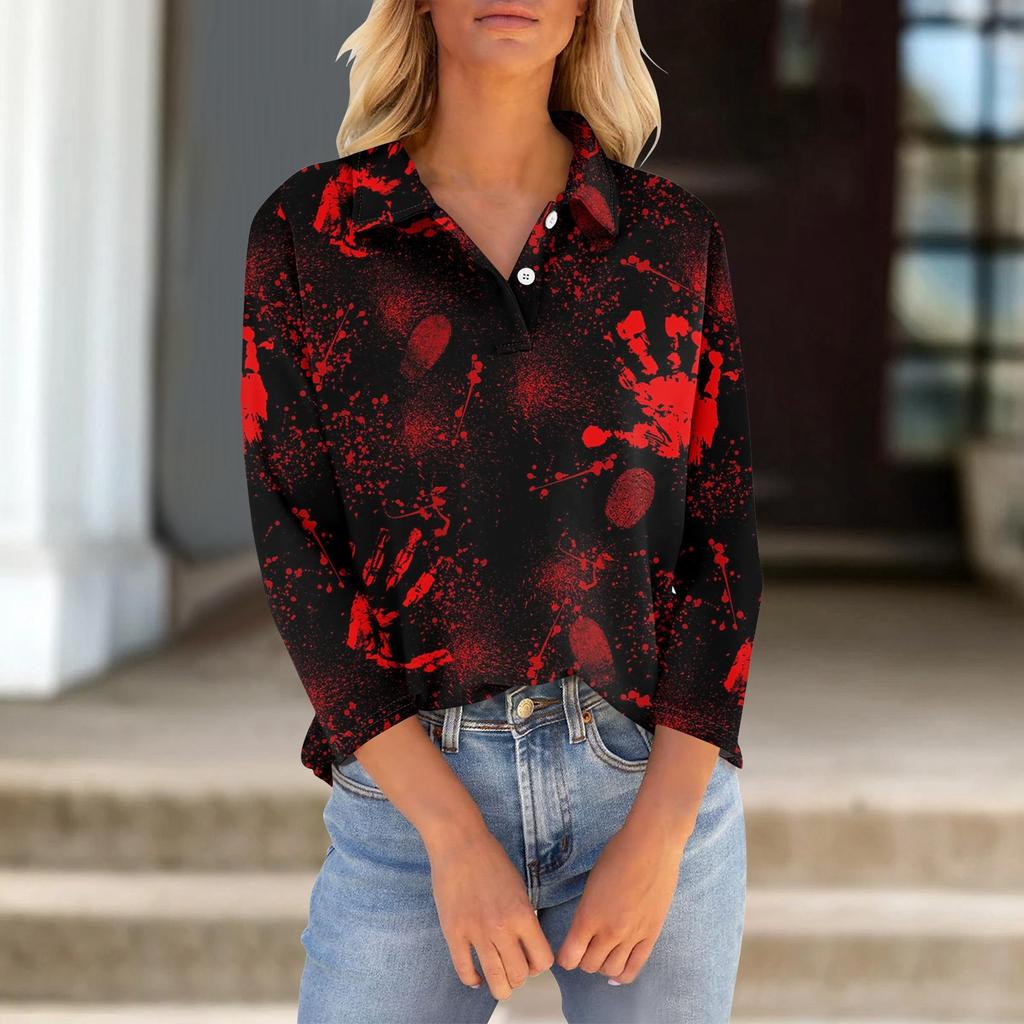 Women's Seven Quarter Sleeved T-shirt V-neck Button Up Shirt With Printed Loose Top For Halloween