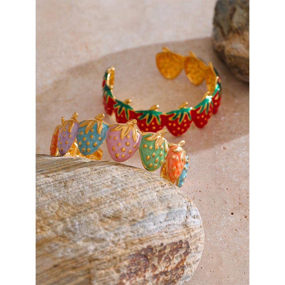 Eetit Красный и разноцветный эмалированный браслет-манжета с открытым концом и клубникой, горячий стиль, из нержавеющей стали, золотистый, ювелирное украшение на запястье с фруктами