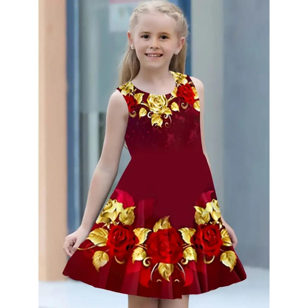 Girls Round Neck Sleeveless Vest Dress Dress Dresses Lovely Splicing Collision Colour Princess Dress 3D Digital Printing
