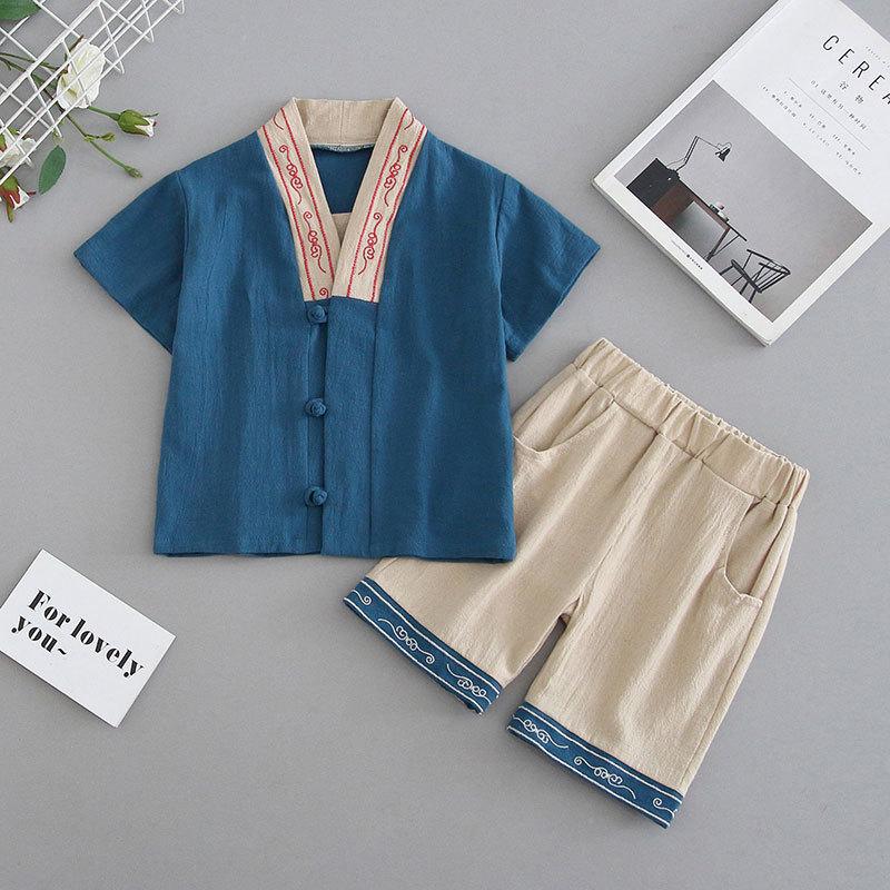 Детский костюм ханбок для мальчиков в стиле Тан, детский летний костюм в китайском стиле с короткими рукавами из хлопка и льна, детский ретро-стиль династии Мин