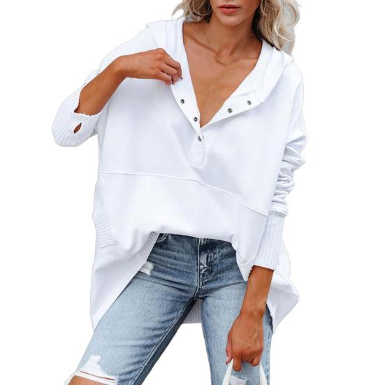 Женская толстовка с капюшоном большого размера на пуговицах с V-образным вырезом, длинными рукавами и карманами на весну, осень, зиму