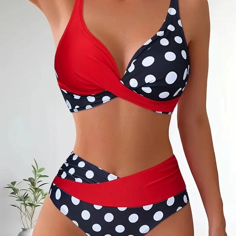 2025 New Cross-Backless Color Block Polka Dot Bikini Set for Women
