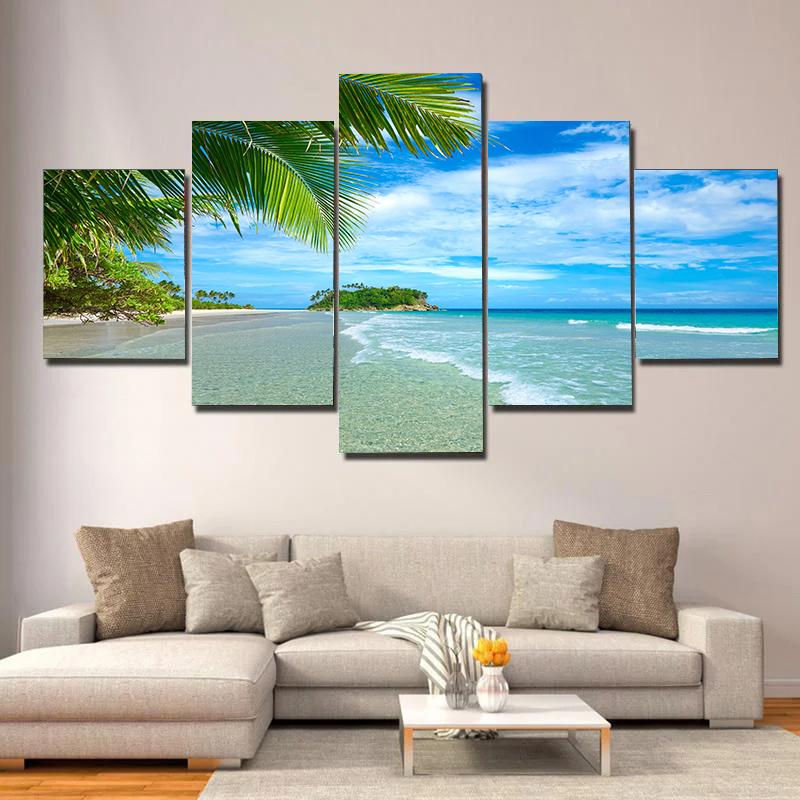 5 pieces Seaside Landscape Canvas Painting, Sunrise, Sunset, Coconut Trees and Ocean Waves, For Home Room Hotel Decor, No Frame