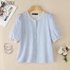 Women Summer Lace Splice Round Neck Casual Short Sleeve Blouse