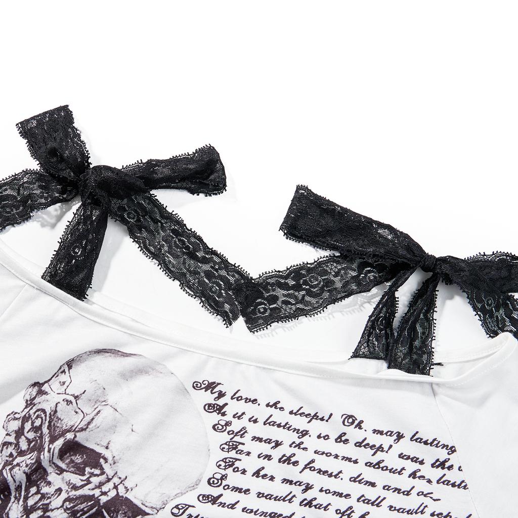 Women Fashion Wild Gothic T-Shirts Skull Letter Print Off-Shoulder Boat-Neck Short Sleeve Tops Summer Slim Fit Streetwear