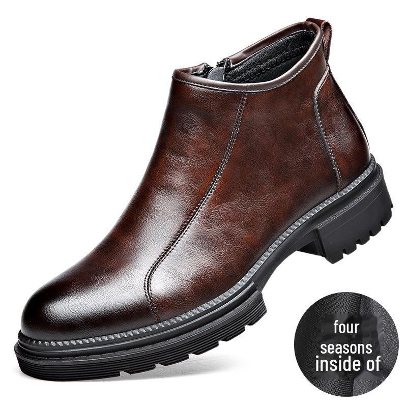 Мужские кожаные ботинки челси в римском стиле в стиле ретро с боковой молнией - зимняя теплая бархатная модель в деловом стиле.