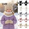 Cozy Fleece Lined Winter Gift Kids Warm Knit Set, Bear Ear Hat, Neck Gaiter & Boys Girls Thermal Full Finger Gloves, Thick Cold Weather Outdoor