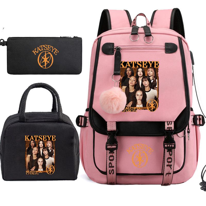 Katseye K-pop Girl Group Photo Print 3-Piece Set Student Backpack Combo 60707 Fashion School Bag Stationery Kit