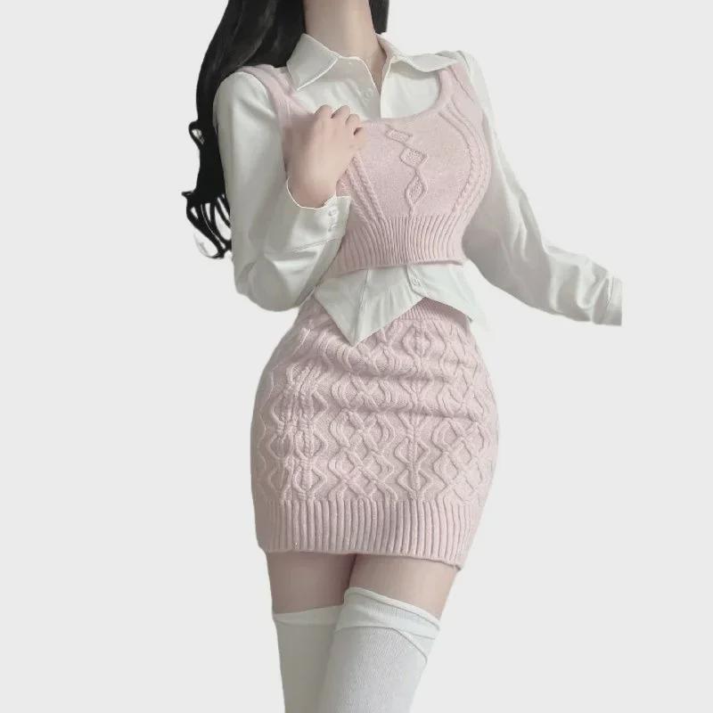 Women's Korean-Style Three-Piece Suit: Layered Sweater Vest + Hip Skirt Spring Outfit