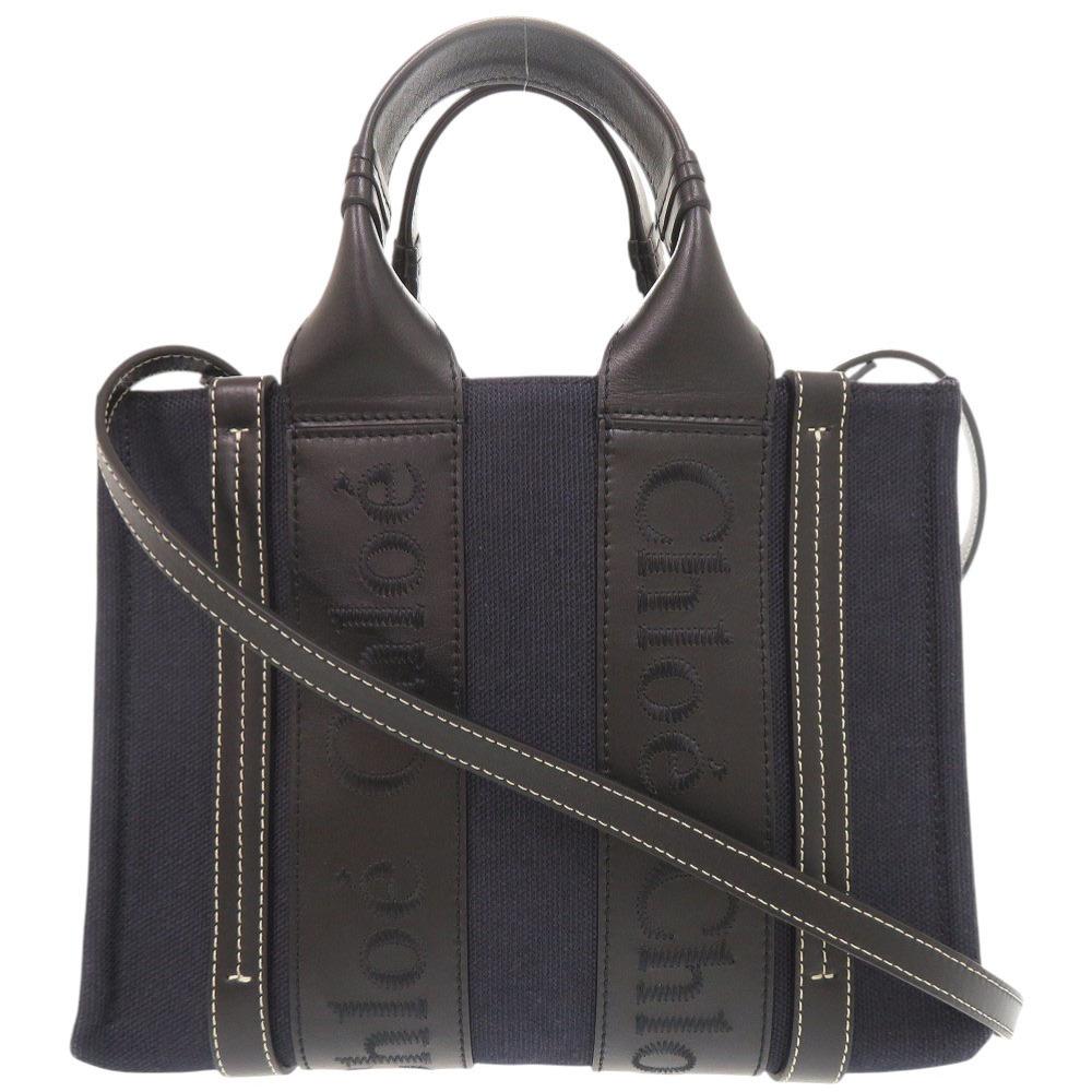 Used AUTHENTIC Chloe 2WAY Woody Small Tote Bag Hand Bag Navy/Black Leather