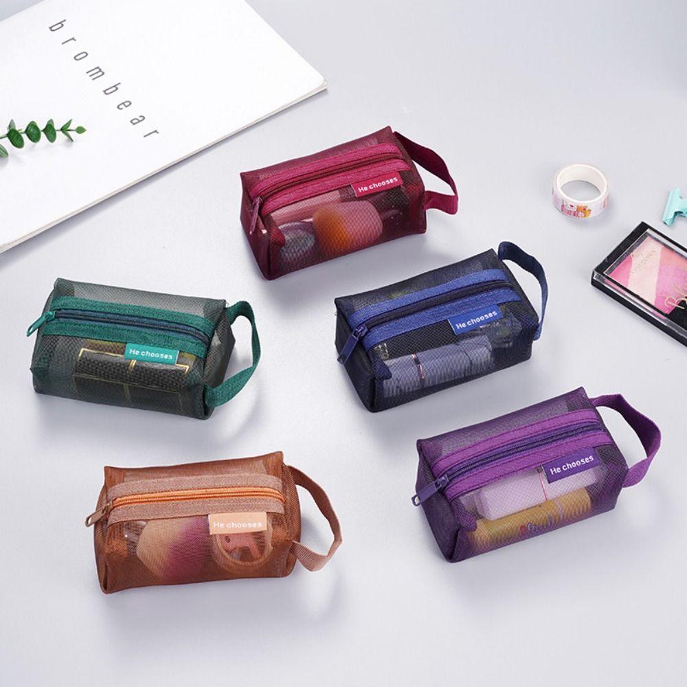 Retro Color Transparent Cosmetic Bag Zipper Toiletry Storage Bag Cute Mesh Makeup Bag Lady