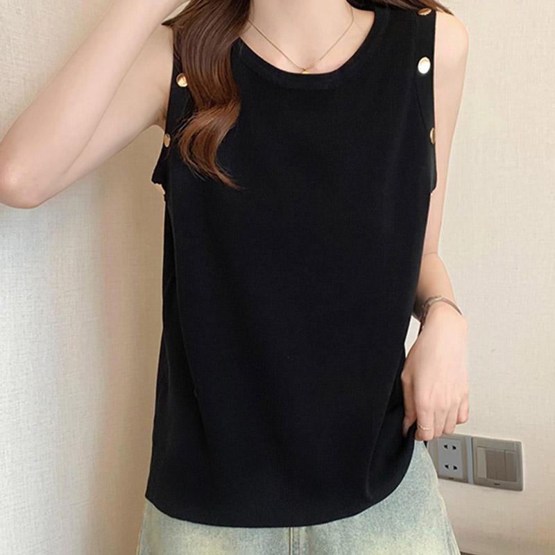 Майки женские летние 2025 года без рукавов с круглым вырезом черные полосатые трикотажные тонкие майки женские топы JJ228