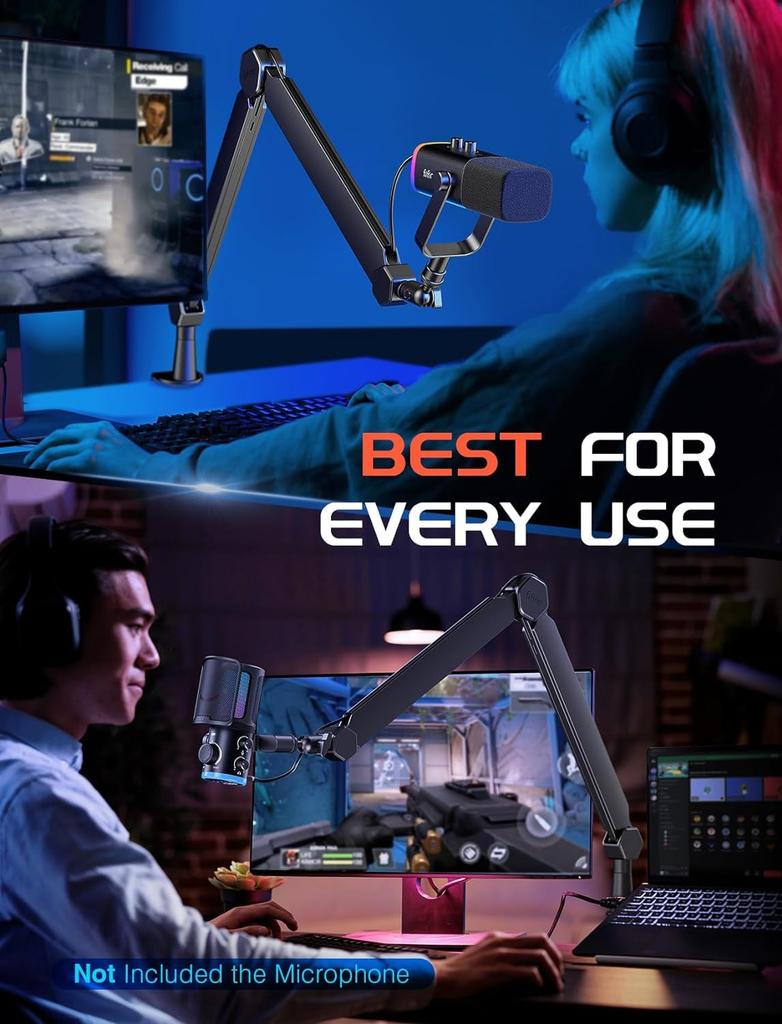 FIFINE Стойка-пантограф для микрофона, Настольная микрофонная стойка с удлинительной штангой, Телескопическая и складная, Вращение на 360°, Регулируемый угол, 14" до 38"