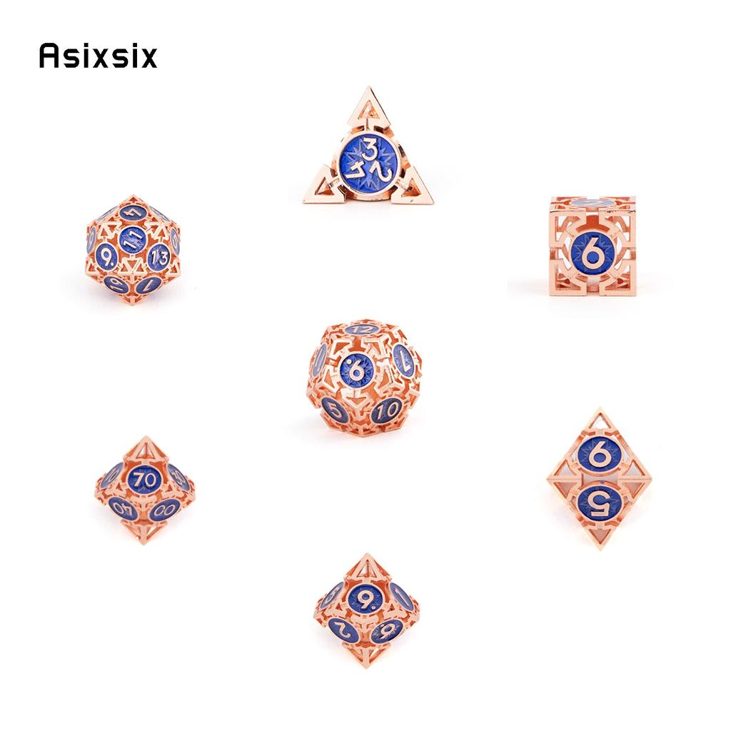 7 Pcs  Copper Blue Metal Dice Circular Hollow Metal Polyhedral Dice Set Suitable for Role-Playing RPG  Board Game Card Game