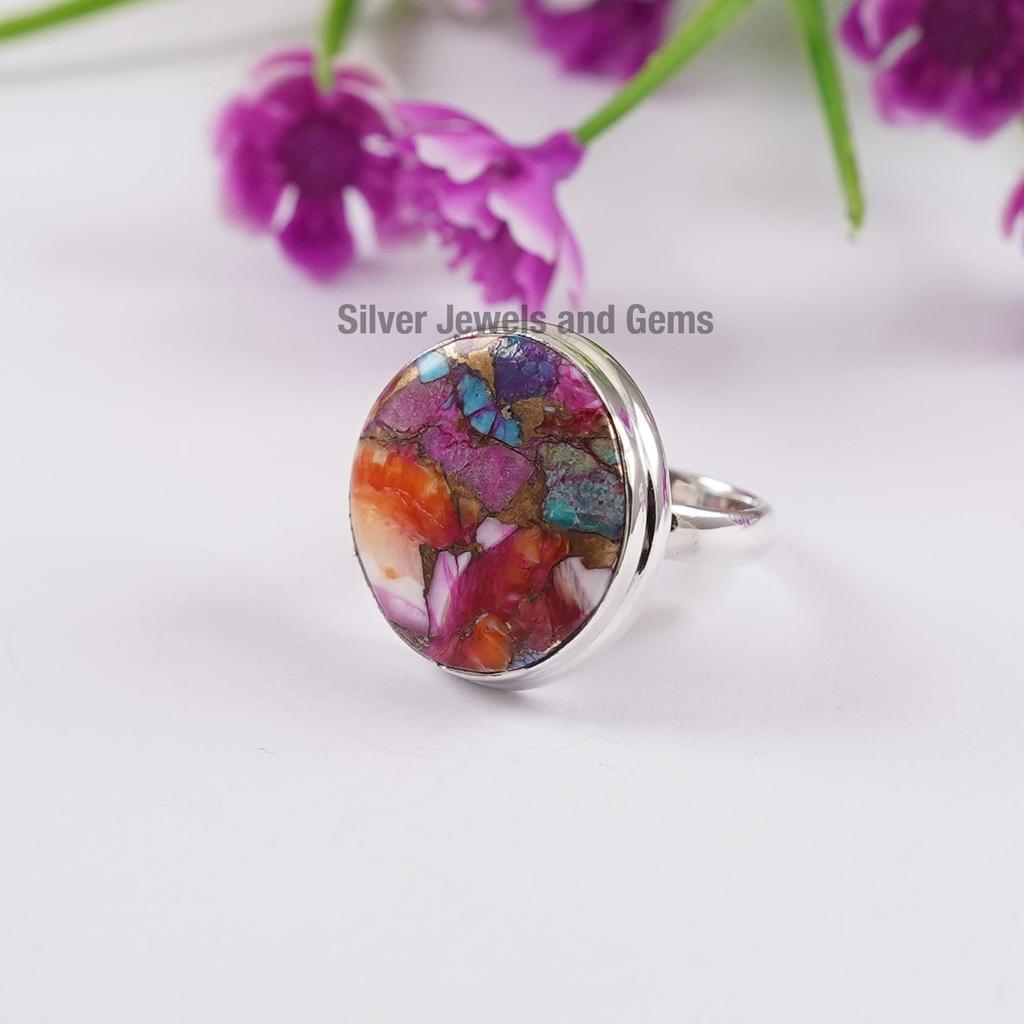 Handmade Round Dahlia Copper Turquoise Ring, 925 Sterling Silver