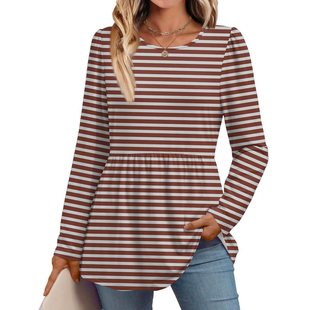 Women's Casual Fashion Long Sleeve Shirt Striped Tunic Top