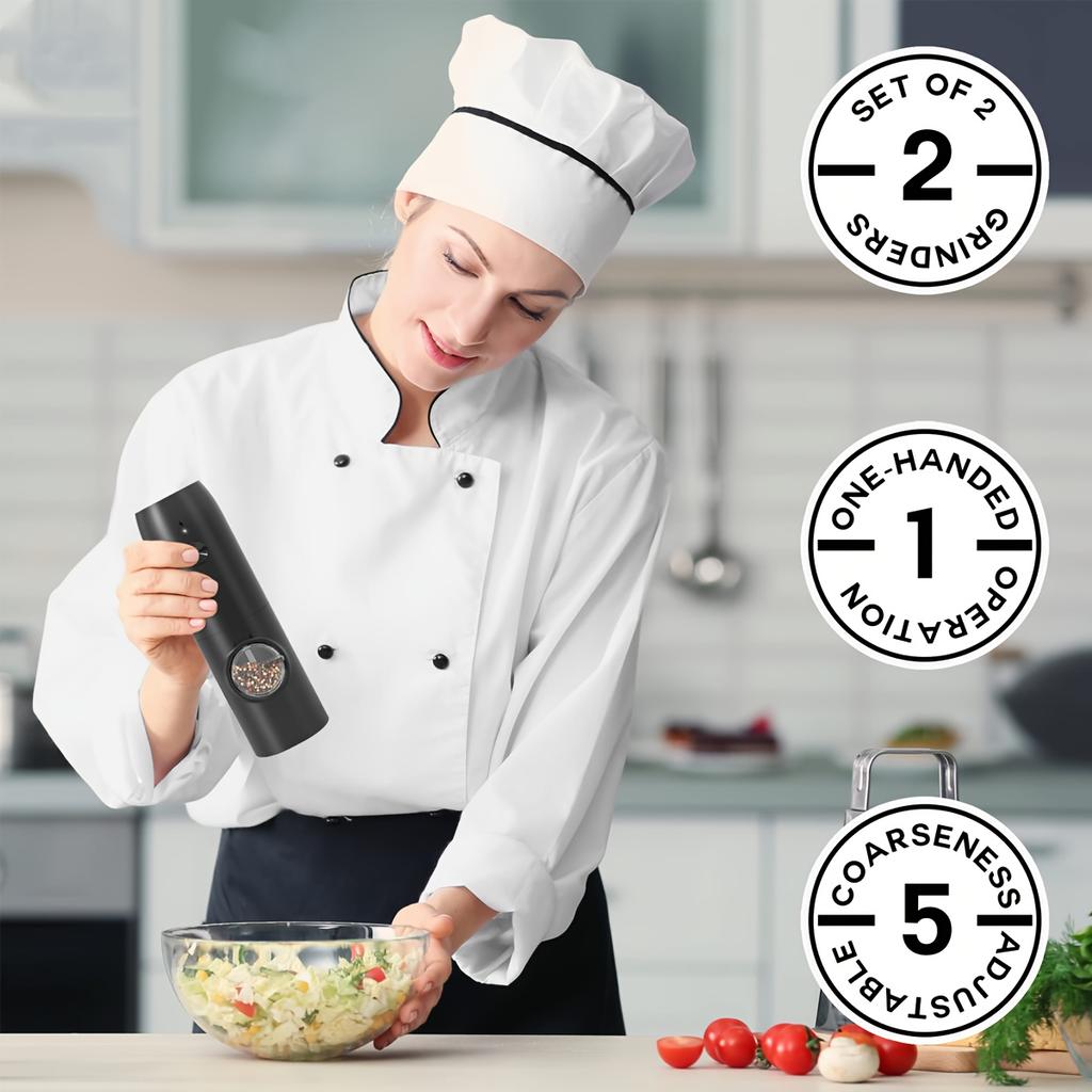 2-piece Electric Grinder with Charging Base,automatic Pepper grinder,USB Charging, Adjustable Thickness, Refillable, Automatic Grinder with LED Lights