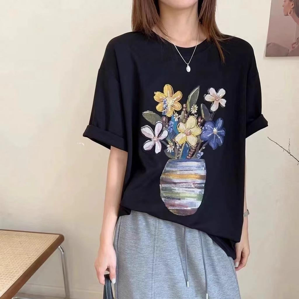 2025 Summer Pure Cotton Casual Oversized T Shirt Women's Streetwear Harajuku Large Size Funny Cartoon Print Short Sleeve T-shirts for Women Y2k Tops
