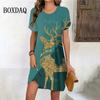 Golden Elk Print Dress Women Cute Christmas Evening Dress New Short Sleeve Sexy Dresses Fashion Party Holiday Woman Clothes