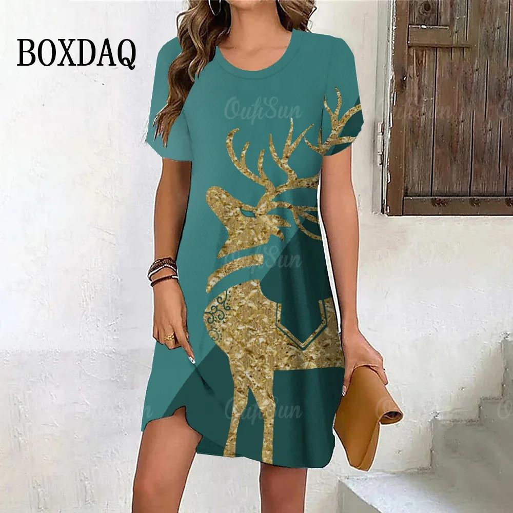 Golden Elk Print Dress Women Cute Christmas Evening Dress New Short Sleeve Sexy Dresses Fashion Party Holiday Woman Clothes