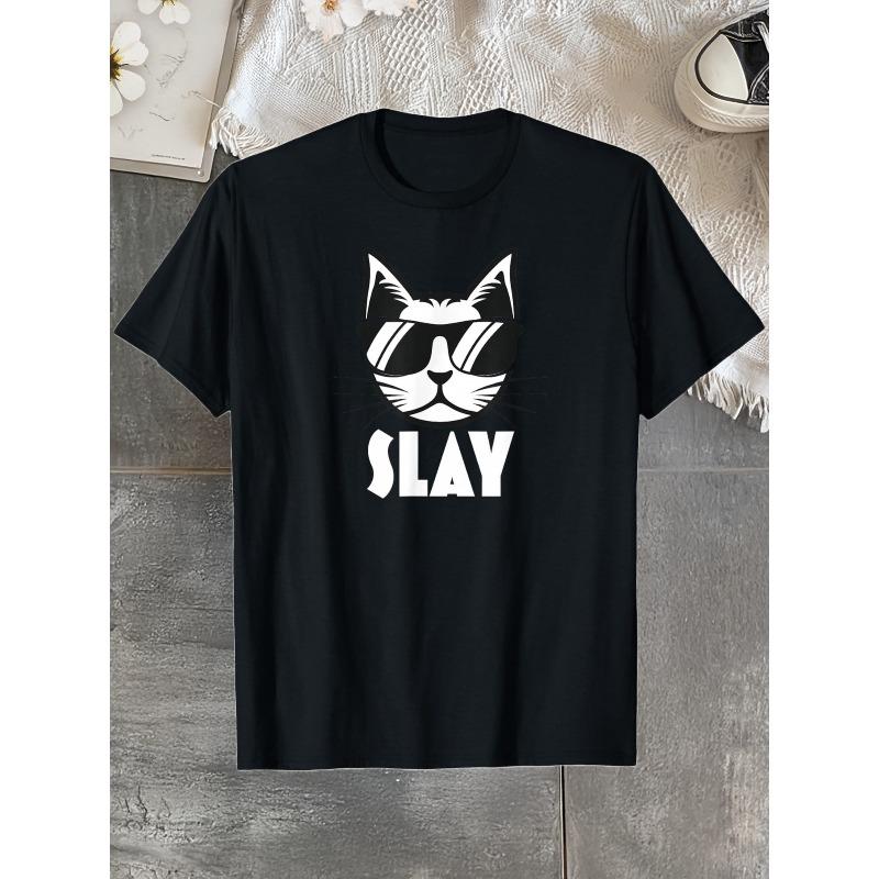 Европейский размер Slay Cat, Графическая футболка, Подарок, Смешная, Любитель кошек, Футболка, Летняя повседневная и удобная футболка, модная с круглым вырезом и короткими рукавами