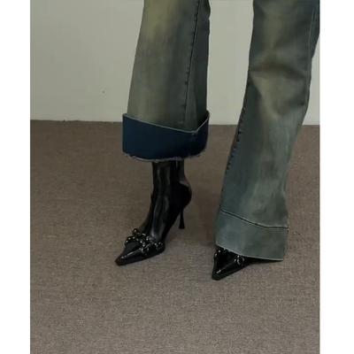 Французский темперамент короткие женские сапоги на тонком каблуке премиум-класса заклепки заостренные тонкие сапоги корейская версия эластичные сапоги на высоком каблуке