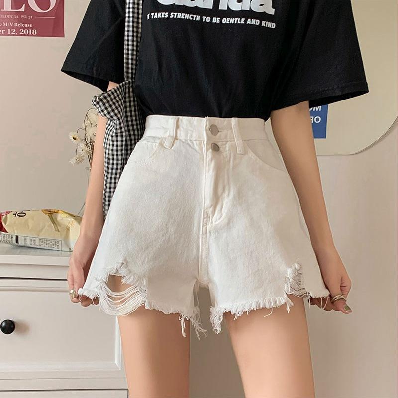Summer Pants Classic and Minimalist Fashion Versatile Summer Women's Row Buckle High Waist Hole Thin Loose Outside Wear Wide Leg A Word Denim Shorts