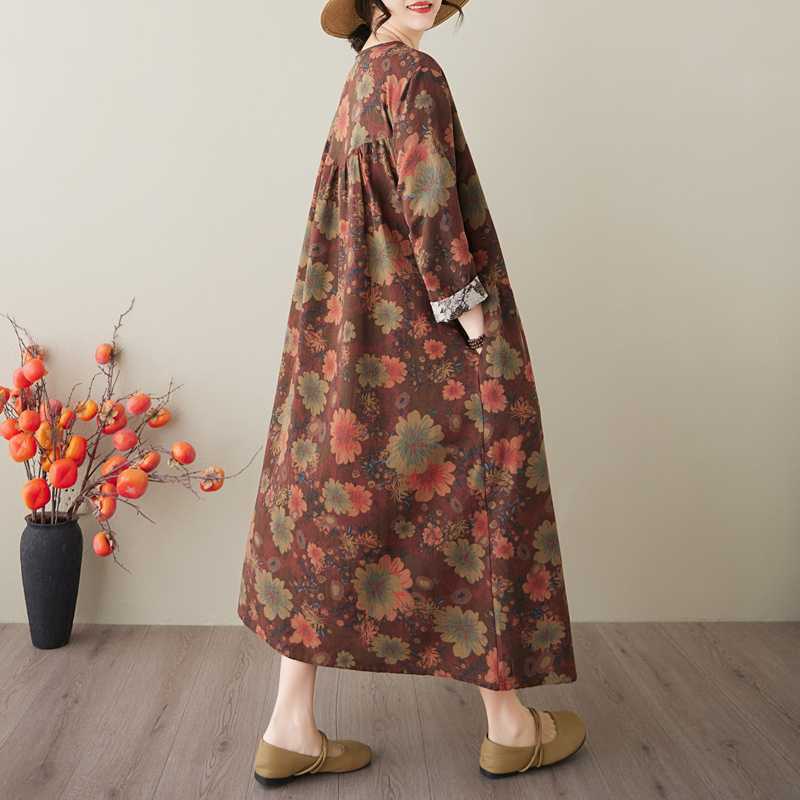 Весенне-летнее платье нового стиля в стиле ретро из хлопка и конопли с круглым вырезом, карманом и длинным рукавом, женское свободное тонкое платье А-силуэта