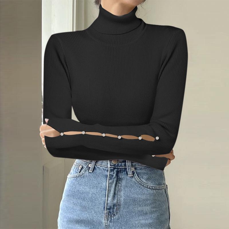 Vonda Autumn Winter Women High Neck Pearl Decorated Long Sleeve Striped Sweaters Undershirts