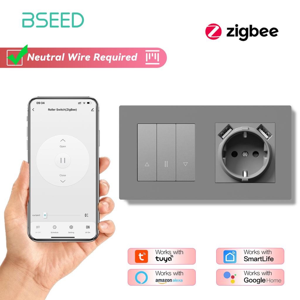 BSEED Zigbee Shutter Switch With Wall Sockets Wall Smart Click Switches Yellow Backlight Plastic Frame Tuya APP Roller Switch EU