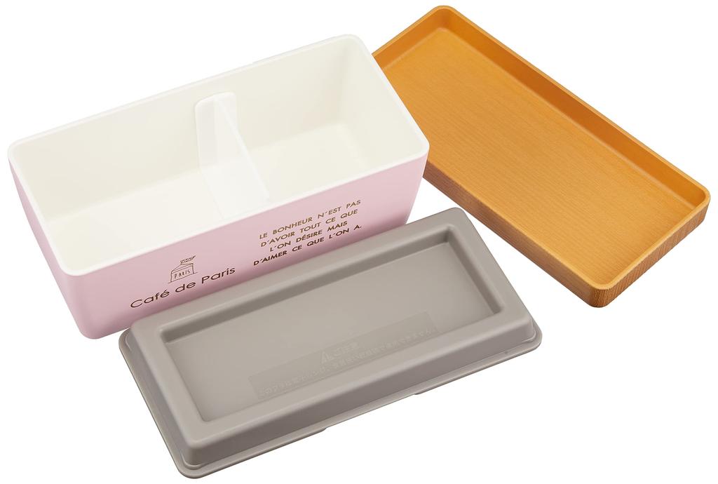 Showa Bento Box Wood Grain BC Lunch Box De Paris Pink 1 Tier 600ml with Dividers PARIS Ice Pack Made In Japan 77144 Café