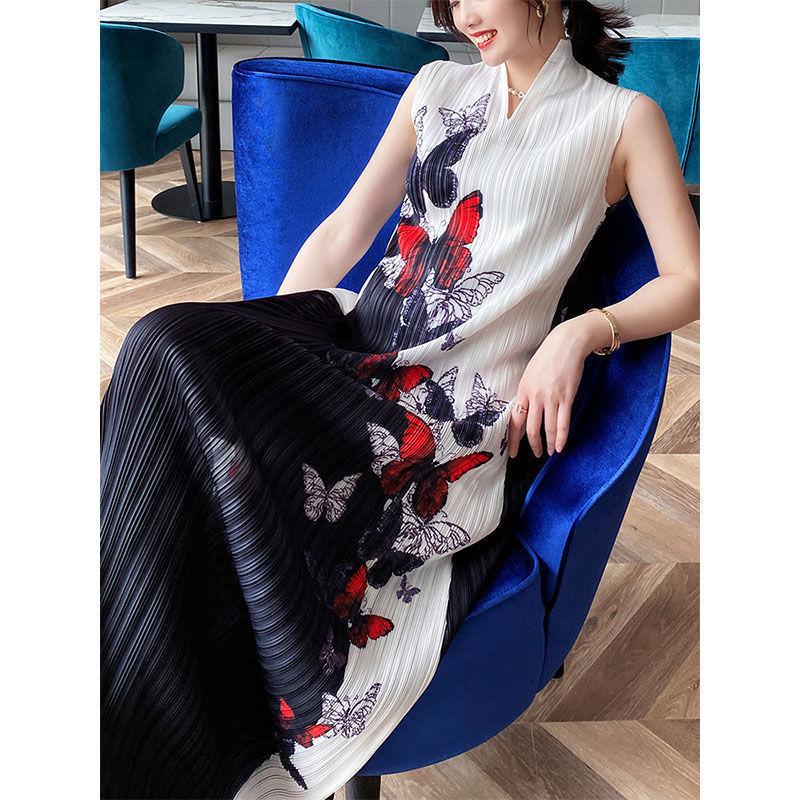 Складное модное элегантное дизайнерское платье с полувысоким V-образным вырезом и принтом, женское платье 2022 года, летняя новая элитная зарубежная длинная юбка высокого класса