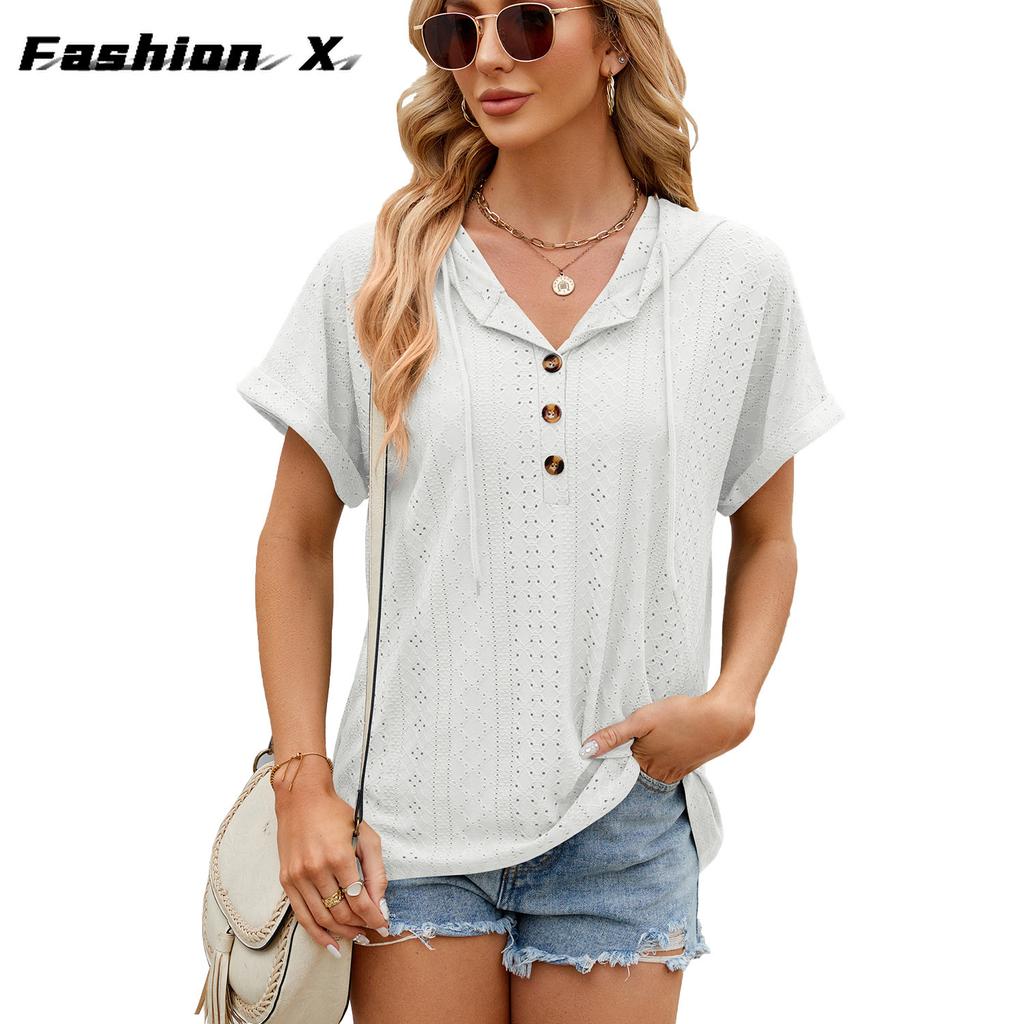 2024 весна и лето, новая однотонная свободная футболка с короткими рукавами и пуговицами, топ для женщин