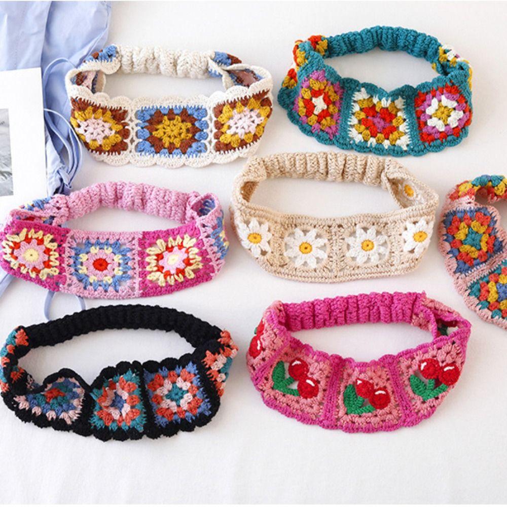 Flower Hollow Crochet Bandana Colorful Women Hair Scarf Vintage Ethnic Style Hair Band Travel