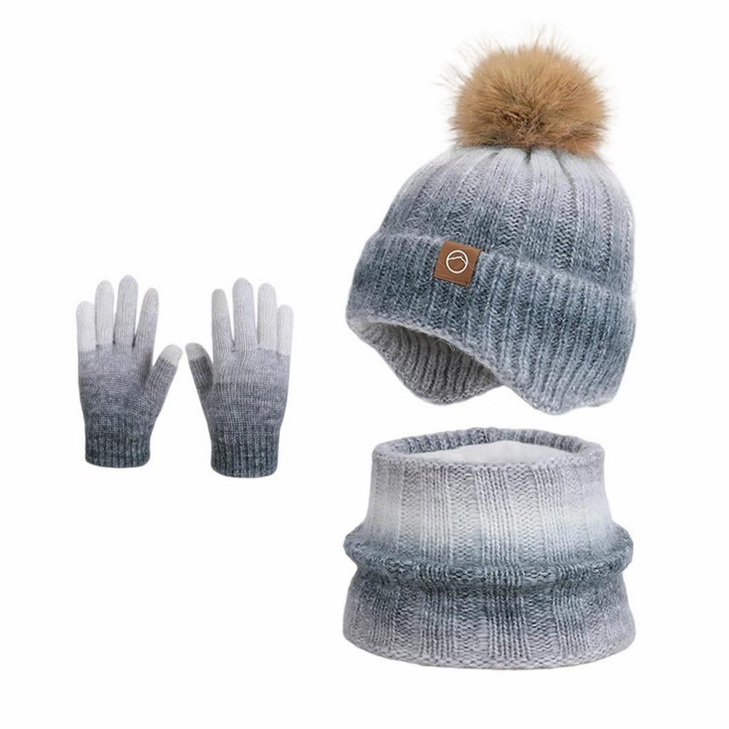 Three-piece Set Of Children's Hat, Gloves And Scarf - For Boys And Girls, Winter Fleece-lined Warm Earmuff Gradient Color Wool Knitted Hat