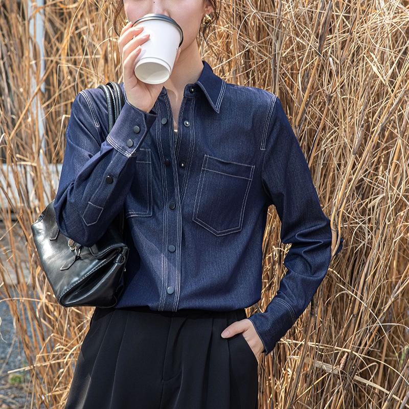 Новая повседневная и элегантная джинсовая рубашка с длинными рукавами в стиле ретро в стиле Гонконга