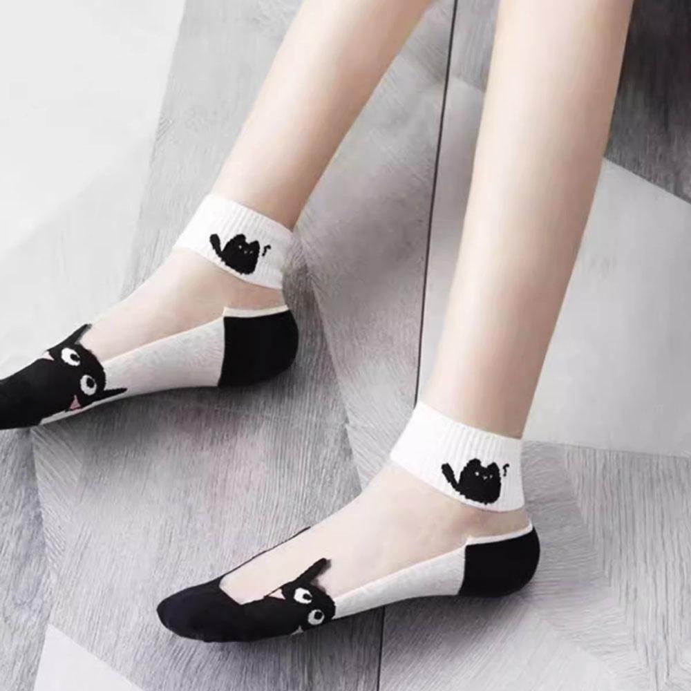 5 пар женских сексуальных носков, милые кружевные носки с изображением кошек, нейлоновые носки в стиле аниме Y2k для девочек, черные дышащие женские носки, комплекты