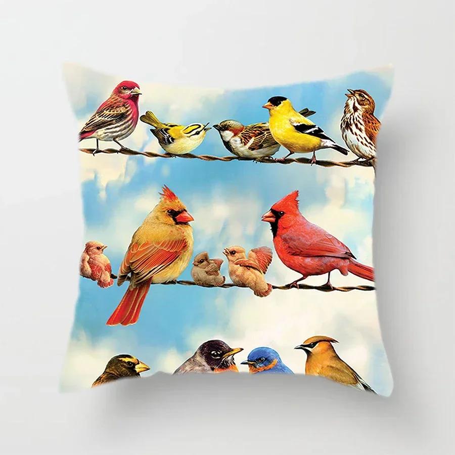 Cute Bird And Flower Pattern Double-Sided Printed Pillow Cover Short Plush Suitable Living Rooms Bedrooms Throw Cushion Cover