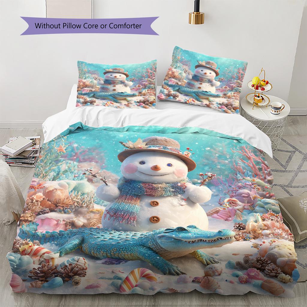 Snowman and Marine Animals Pattern Bedding Quilt Set Home Decoration Gift (1 * duvet cover + 2 * pillowcase, without core)
