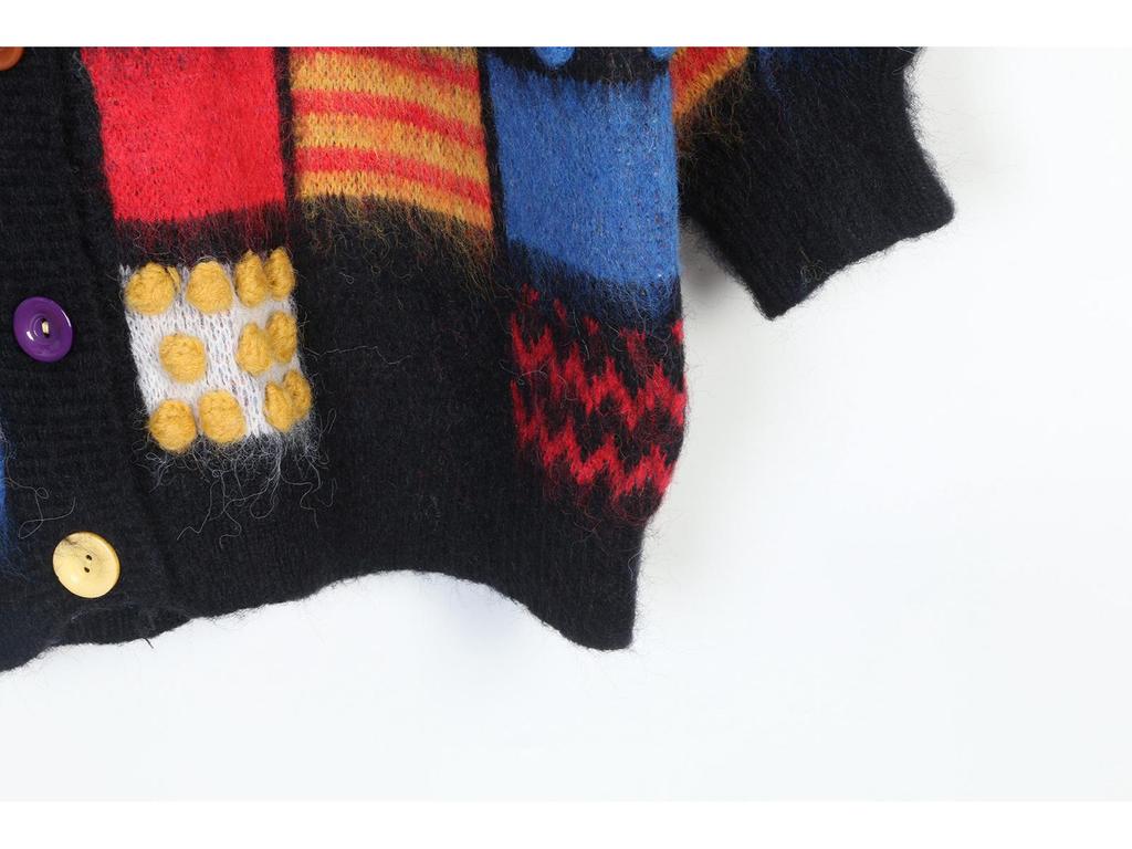 Корейский ретро кардиган свитер с V-образным вырезом из мохера в клетку с цветными блоками и помпонами