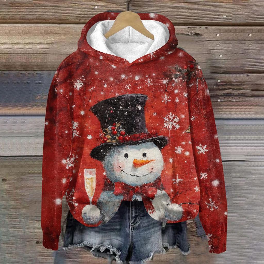 Women's Fashion Long Sleeve Christmas Print Loose Hooded Sweatshirt Top