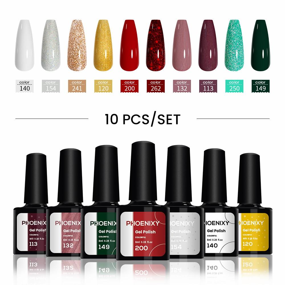 PHOENIXY Набор гель-лаков 10 цветов Soak Off Гель-набор с чистым цветом для дизайна ногтей Стартовый набор для начинающих для самостоятельного маникюра дома