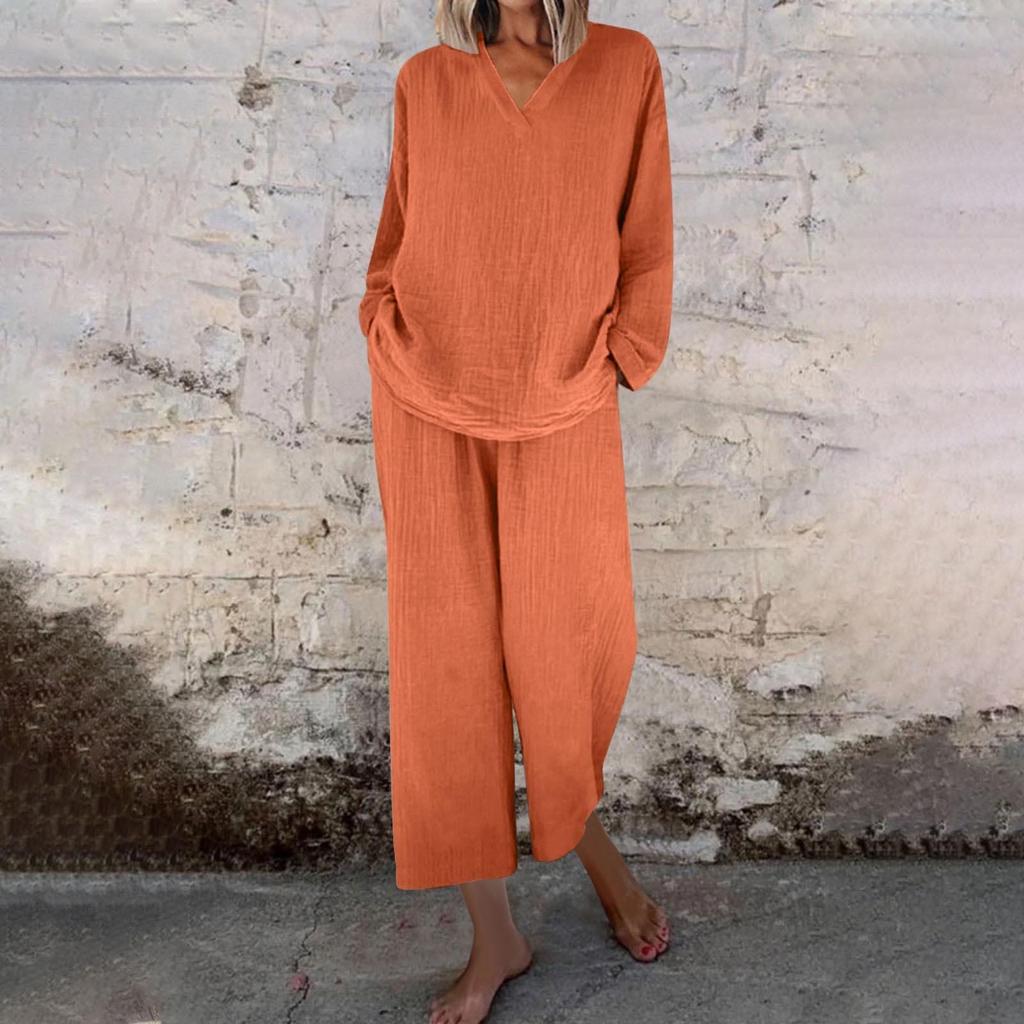 Женский комплект из топа с V-образным вырезом свободного кроя и брюк широкого кроя светло-голубого цвета, повседневный наряд из хлопка и льна